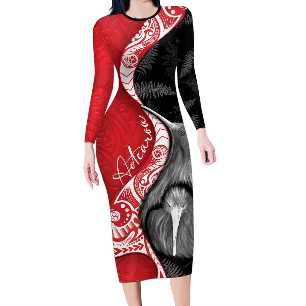 New Zealand Aotearoa Family Matching Long Sleeve Bodycon Dress and Hawaiian Shirt Kiwi Fern Maori Pattern Red Version LT05 Mom's Dress Red - Polynesian Pride