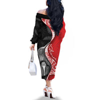 New Zealand Aotearoa Family Matching Off The Shoulder Long Sleeve Dress and Hawaiian Shirt Kiwi Fern Maori Pattern Red Version LT05 - Polynesian Pride