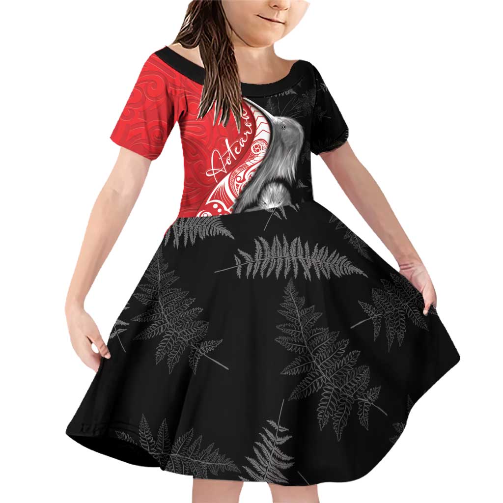 New Zealand Aotearoa Family Matching Off Shoulder Short Dress and Hawaiian Shirt Kiwi Fern Maori Pattern Red Version LT05 Daughter's Dress Red - Polynesian Pride