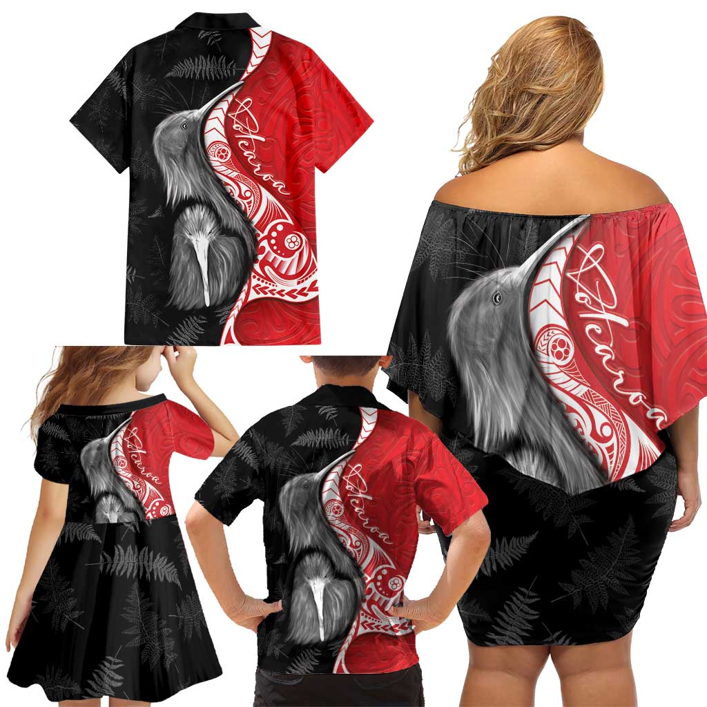 New Zealand Aotearoa Family Matching Off Shoulder Short Dress and Hawaiian Shirt Kiwi Fern Maori Pattern Red Version LT05 - Polynesian Pride