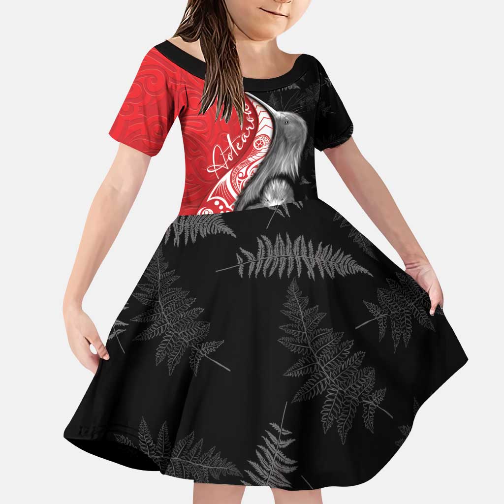 New Zealand Aotearoa Family Matching Puletasi and Hawaiian Shirt Kiwi Fern Maori Pattern Red Version LT05 Daughter's Dress Red - Polynesian Pride