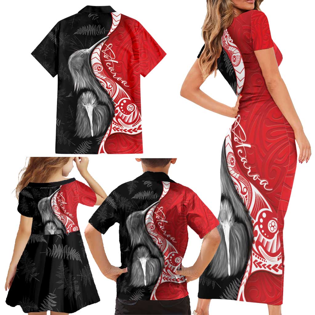 New Zealand Aotearoa Family Matching Short Sleeve Bodycon Dress and Hawaiian Shirt Kiwi Fern Maori Pattern Red Version LT05 - Polynesian Pride
