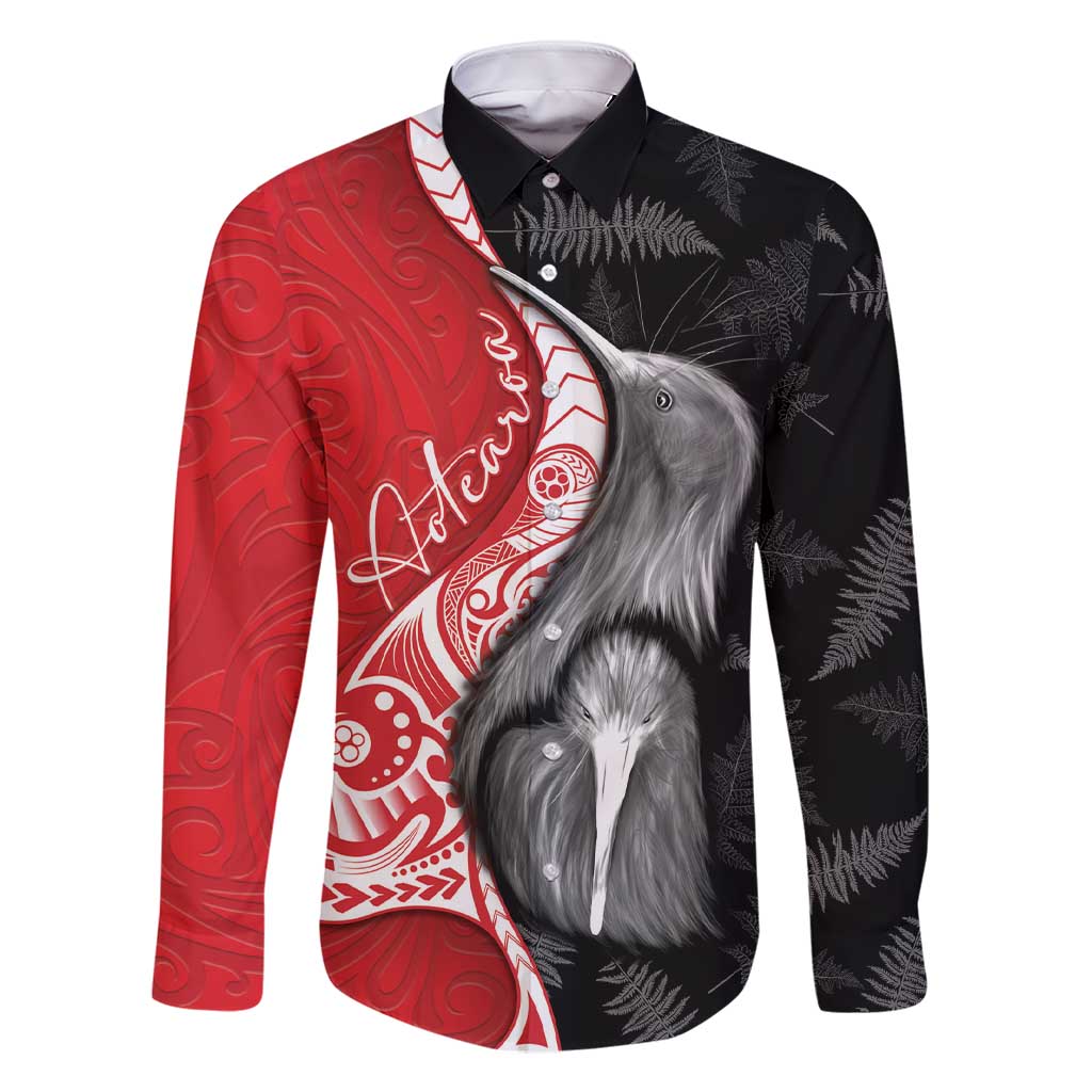 New Zealand Aotearoa Family Matching Short Sleeve Bodycon Dress and Hawaiian Shirt Kiwi Fern Maori Pattern Red Version LT05 Dad's Shirt - Long Sleeve Red - Polynesian Pride