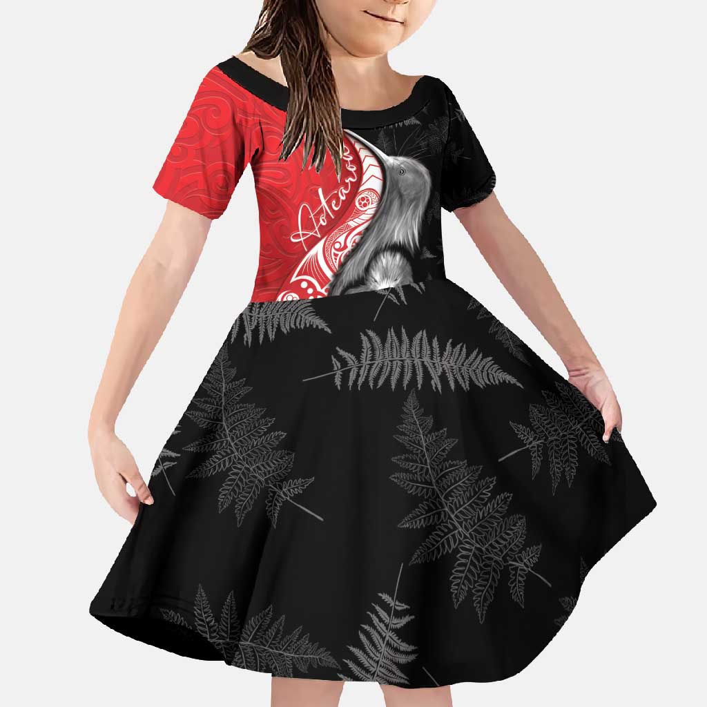 New Zealand Aotearoa Family Matching Tank Maxi Dress and Hawaiian Shirt Kiwi Fern Maori Pattern Red Version LT05 Daughter's Dress Red - Polynesian Pride