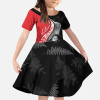 New Zealand Aotearoa Family Matching Tank Maxi Dress and Hawaiian Shirt Kiwi Fern Maori Pattern Red Version LT05 Daughter's Dress Red - Polynesian Pride