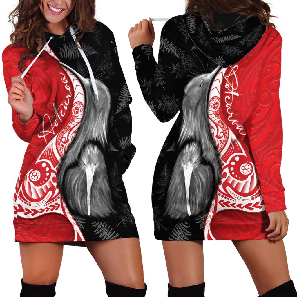 New Zealand Aotearoa Hoodie Dress Kiwi Fern Maori Pattern Red Version LT05 - Polynesian Pride