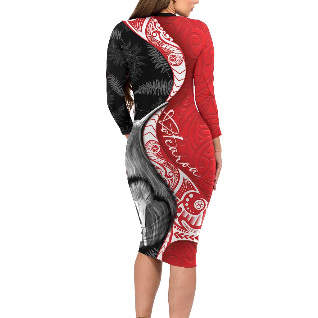 New Zealand Aotearoa Long Sleeve Bodycon Dress Kiwi Fern Maori Pattern Red Version LT05 - Polynesian Pride