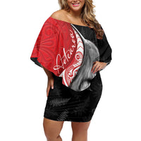 New Zealand Aotearoa Off Shoulder Short Dress Kiwi Fern Maori Pattern Red Version
