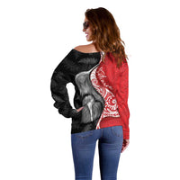 New Zealand Aotearoa Off Shoulder Sweater Kiwi Fern Maori Pattern Red Version
