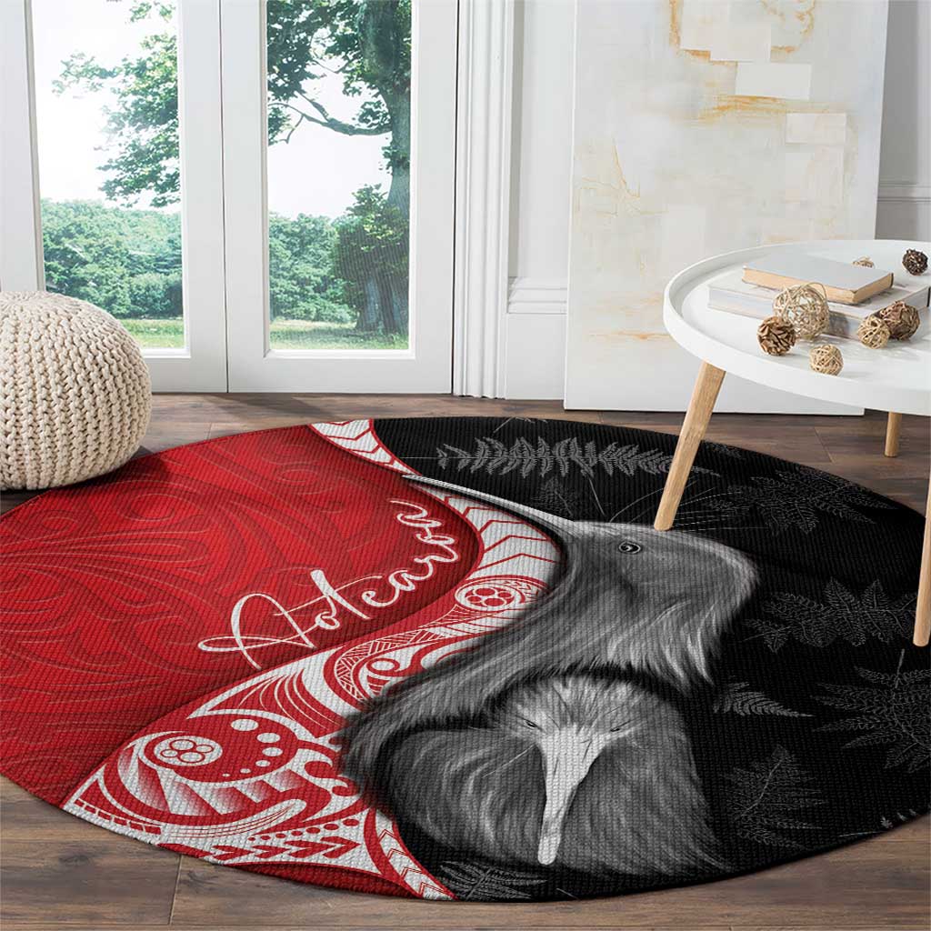 New Zealand Aotearoa Round Carpet Kiwi Fern Maori Pattern Red Version