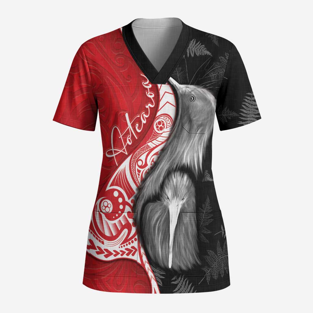 New Zealand Aotearoa Scrub Top Kiwi Fern Maori Pattern Red Version - Polynesian Pride