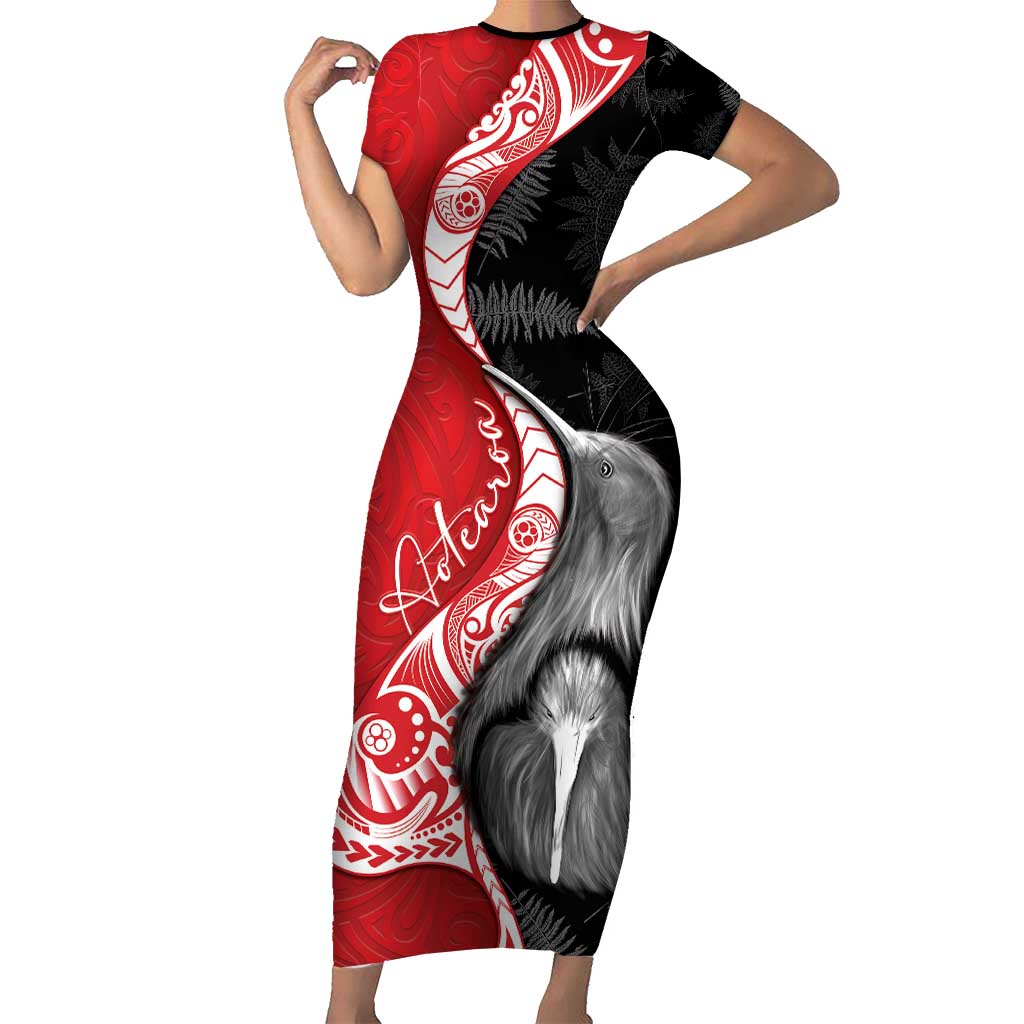 New Zealand Aotearoa Short Sleeve Bodycon Dress Kiwi Fern Maori Pattern Red Version LT05 Long Dress Red - Polynesian Pride
