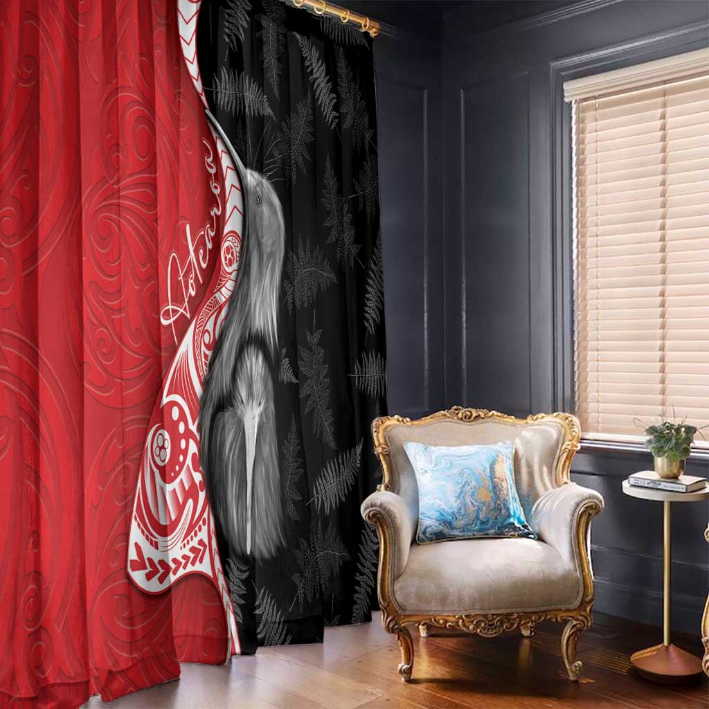 New Zealand Aotearoa Window Curtain Kiwi Fern Maori Pattern Red Version
