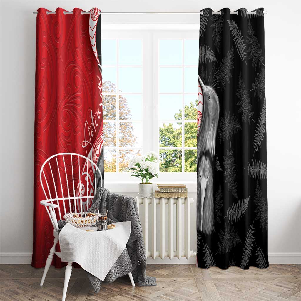 New Zealand Aotearoa Window Curtain Kiwi Fern Maori Pattern Red Version