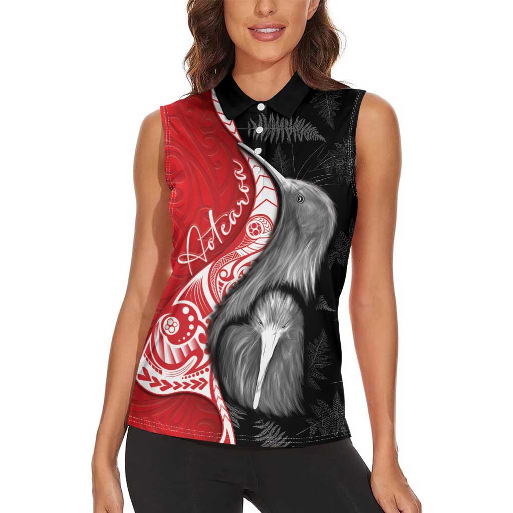 New Zealand Aotearoa Women Sleeveless Polo Shirt Kiwi Fern Maori Pattern Red Version LT05 - Polynesian Pride