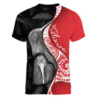 New Zealand Aotearoa Women V-Neck T-Shirt Kiwi Fern Maori Pattern Red Version LT05 - Polynesian Pride