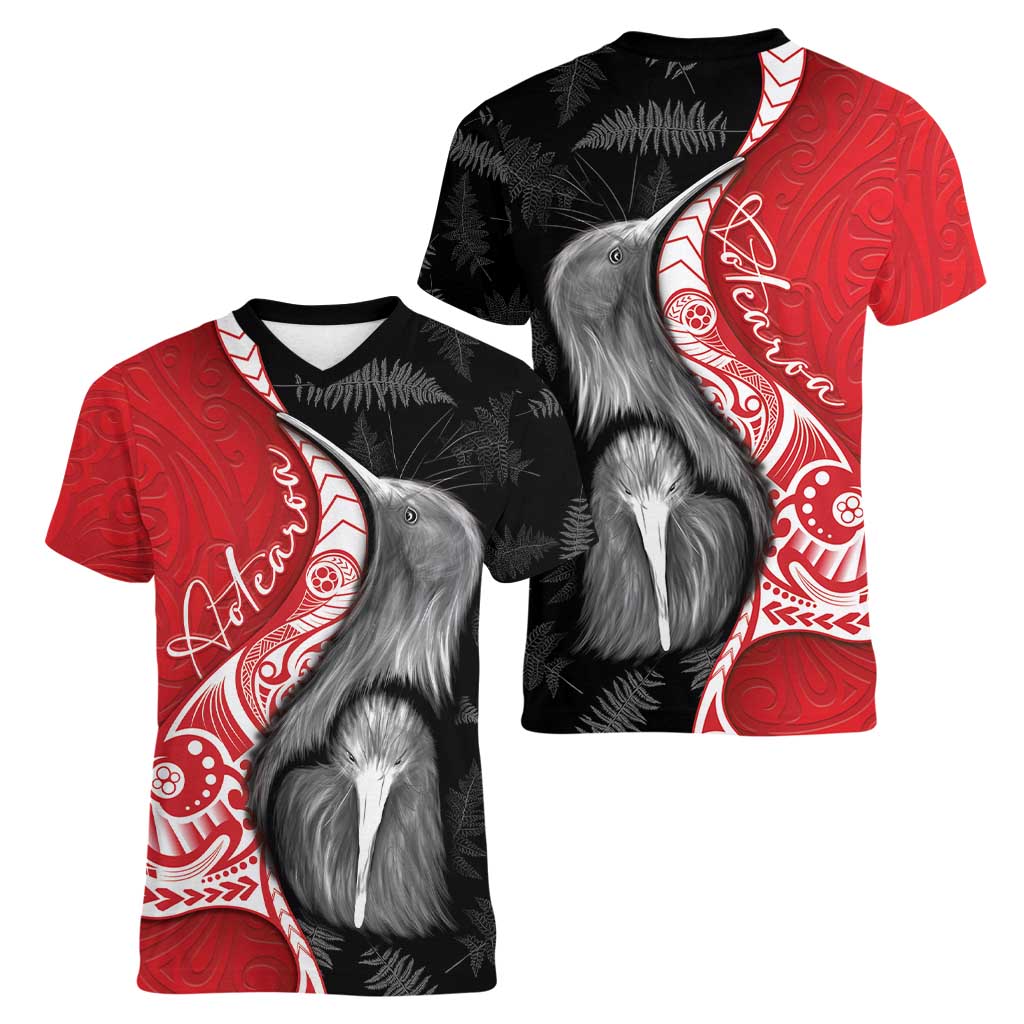 New Zealand Aotearoa Women V-Neck T-Shirt Kiwi Fern Maori Pattern Red Version LT05 - Polynesian Pride