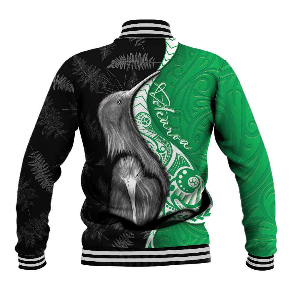New Zealand Aotearoa Baseball Jacket Kiwi Fern Maori Pattern Green Version