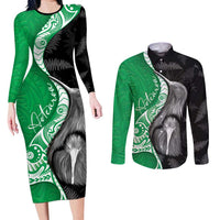 New Zealand Aotearoa Couples Matching Long Sleeve Bodycon Dress and Long Sleeve Button Shirt Kiwi Fern Maori Pattern Green Version LT05 Green - Polynesian Pride
