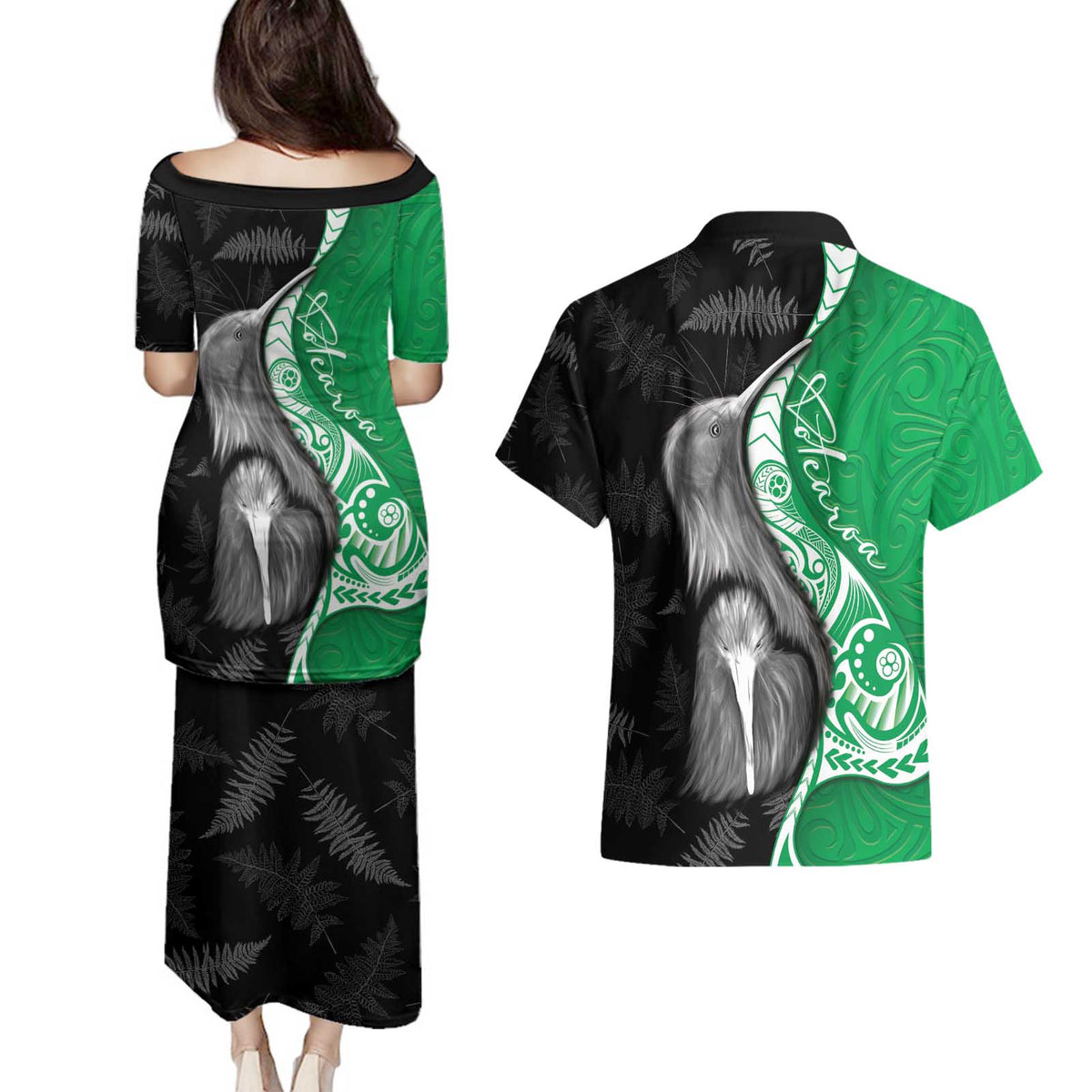 New Zealand Aotearoa Couples Matching Puletasi and Hawaiian Shirt Kiwi Fern Maori Pattern Green Version LT05 - Polynesian Pride