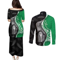 New Zealand Aotearoa Couples Matching Puletasi and Long Sleeve Button Shirt Kiwi Fern Maori Pattern Green Version LT05 - Polynesian Pride