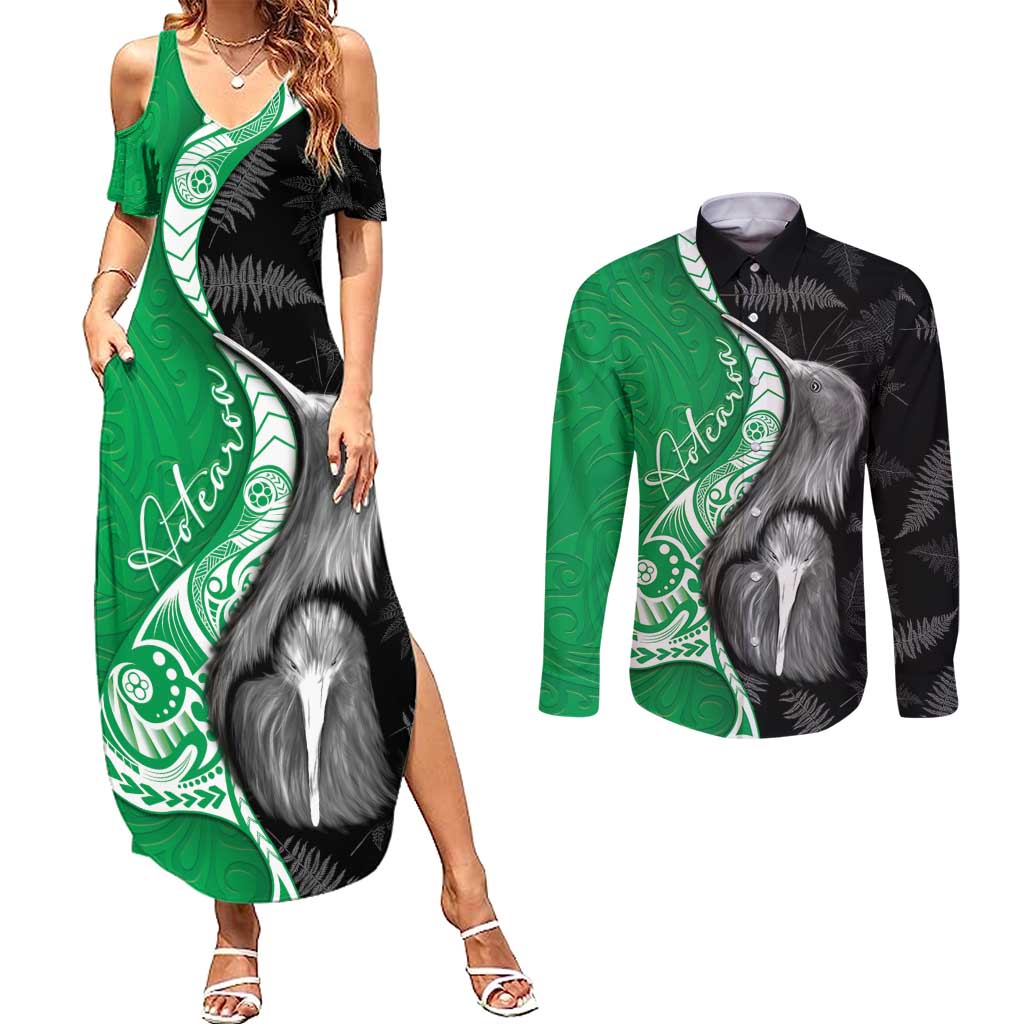 New Zealand Aotearoa Couples Matching Summer Maxi Dress and Long Sleeve Button Shirt Kiwi Fern Maori Pattern Green Version LT05 Green - Polynesian Pride