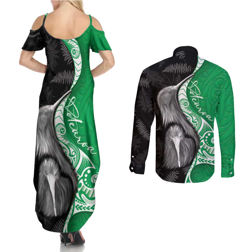 New Zealand Aotearoa Couples Matching Summer Maxi Dress and Long Sleeve Button Shirt Kiwi Fern Maori Pattern Green Version LT05 - Polynesian Pride