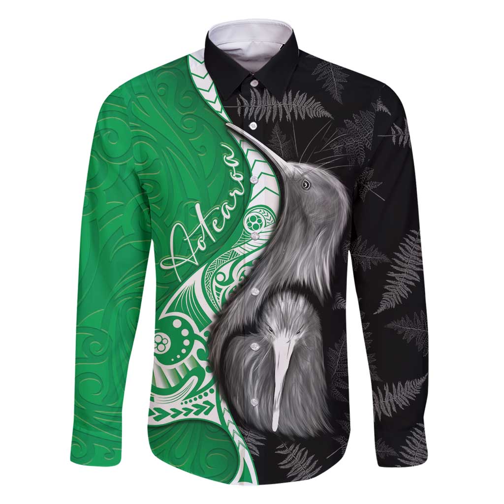 New Zealand Aotearoa Family Matching Mermaid Dress and Hawaiian Shirt Kiwi Fern Maori Pattern Green Version LT05 Dad's Shirt - Long Sleeve Green - Polynesian Pride