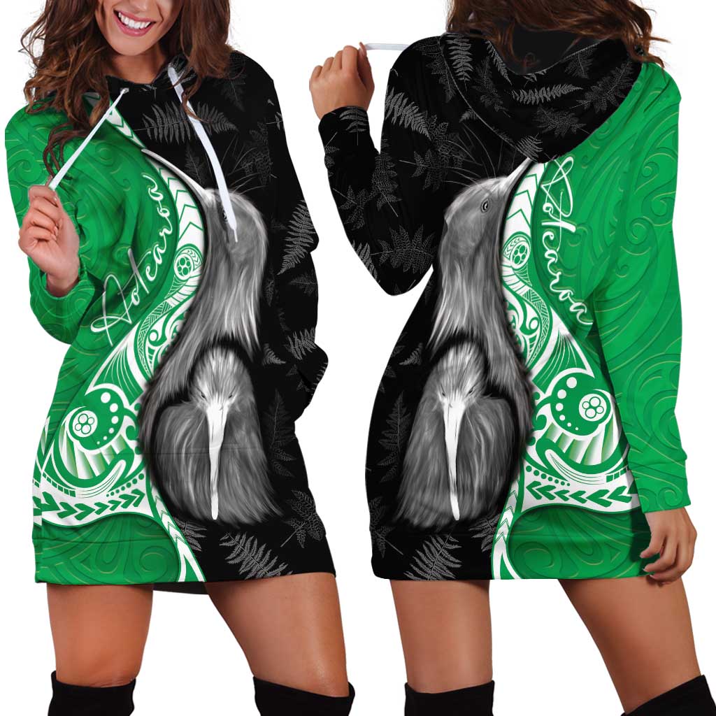 New Zealand Aotearoa Hoodie Dress Kiwi Fern Maori Pattern Green Version LT05 - Polynesian Pride