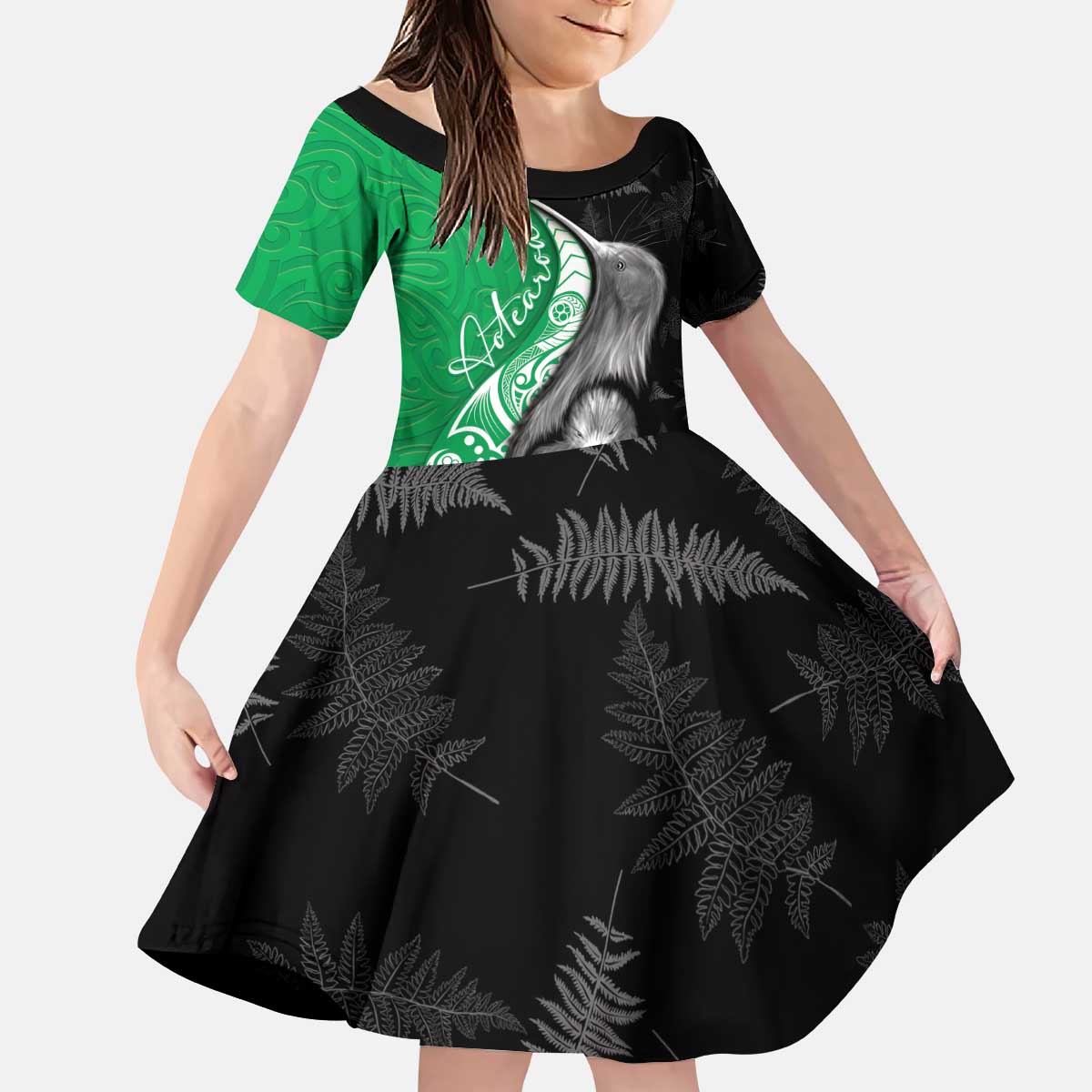 New Zealand Aotearoa Kid Short Sleeve Dress Kiwi Fern Maori Pattern Green Version LT05 KID Green - Polynesian Pride