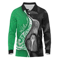 New Zealand Aotearoa Long Sleeve Polo Shirt Kiwi Fern Maori Pattern Green Version LT05 Green - Polynesian Pride