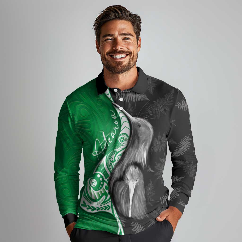 New Zealand Aotearoa Long Sleeve Polo Shirt Kiwi Fern Maori Pattern Green Version LT05 - Polynesian Pride