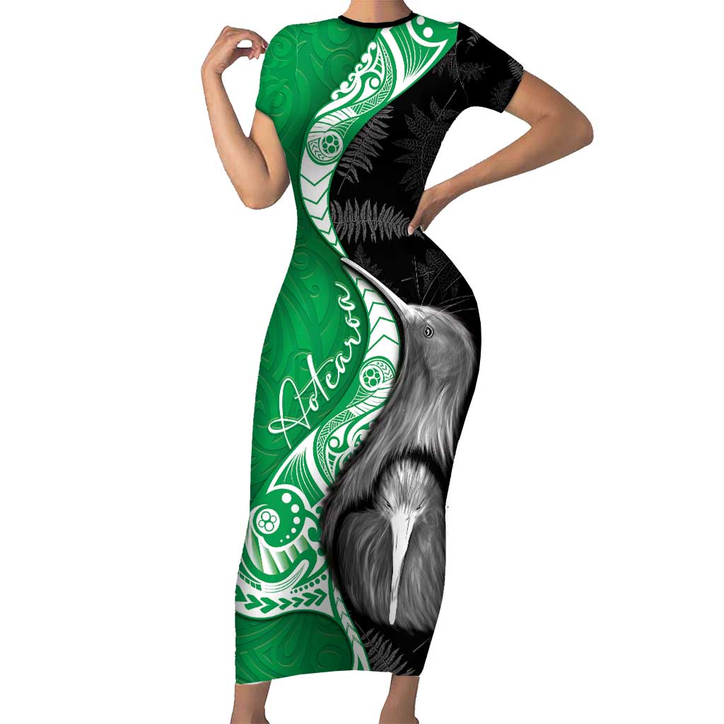 New Zealand Aotearoa Short Sleeve Bodycon Dress Kiwi Fern Maori Pattern Green Version LT05 Long Dress Green - Polynesian Pride