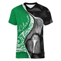 New Zealand Aotearoa Women V-Neck T-Shirt Kiwi Fern Maori Pattern Green Version LT05 Female Green - Polynesian Pride