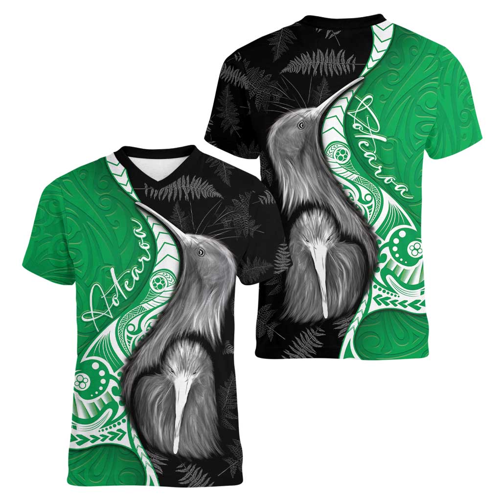 New Zealand Aotearoa Women V-Neck T-Shirt Kiwi Fern Maori Pattern Green Version LT05 - Polynesian Pride