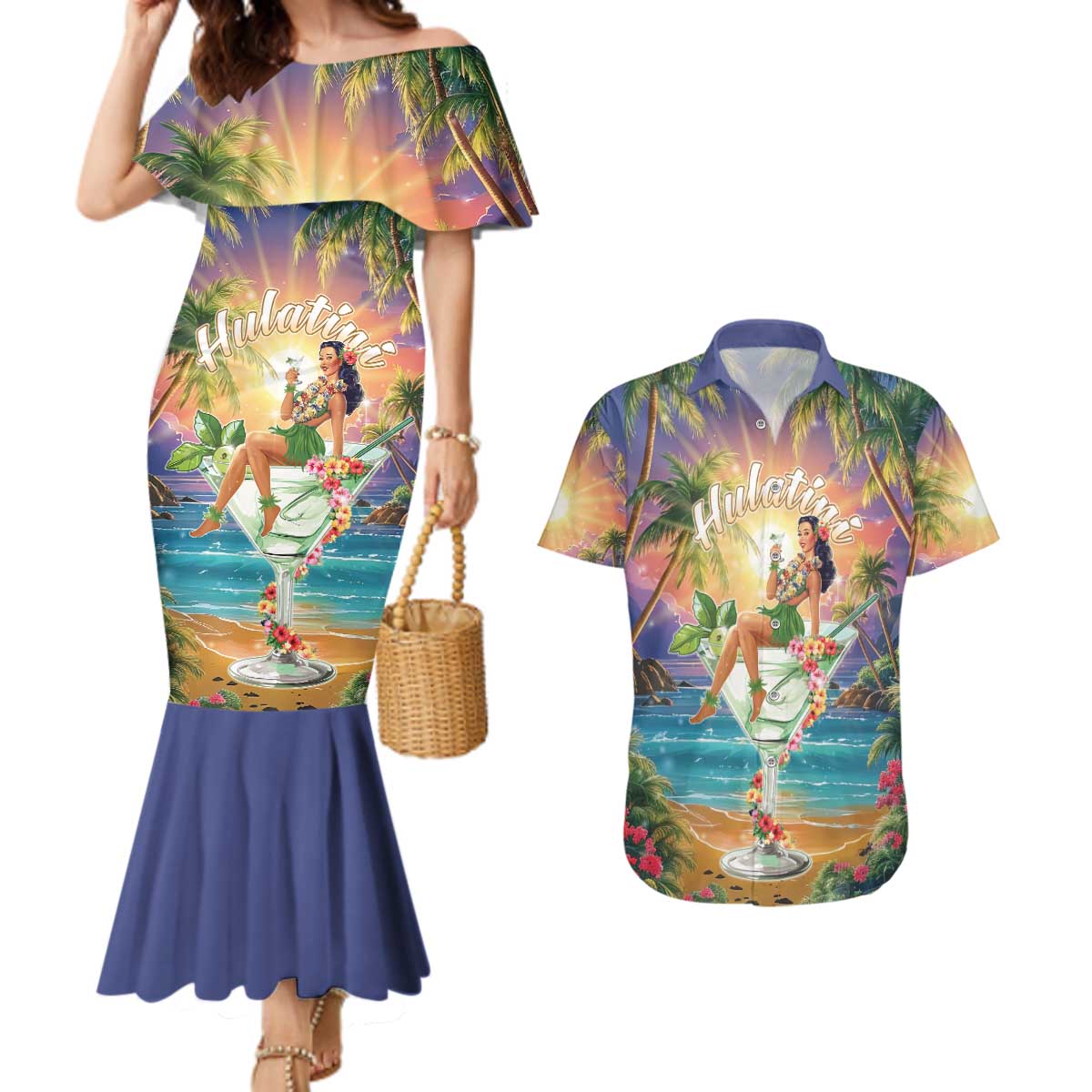 Aloha Hawaii Couples Matching Mermaid Dress and Hawaiian Shirt Hula Martini Tropical Vibes - Polynesian Pride