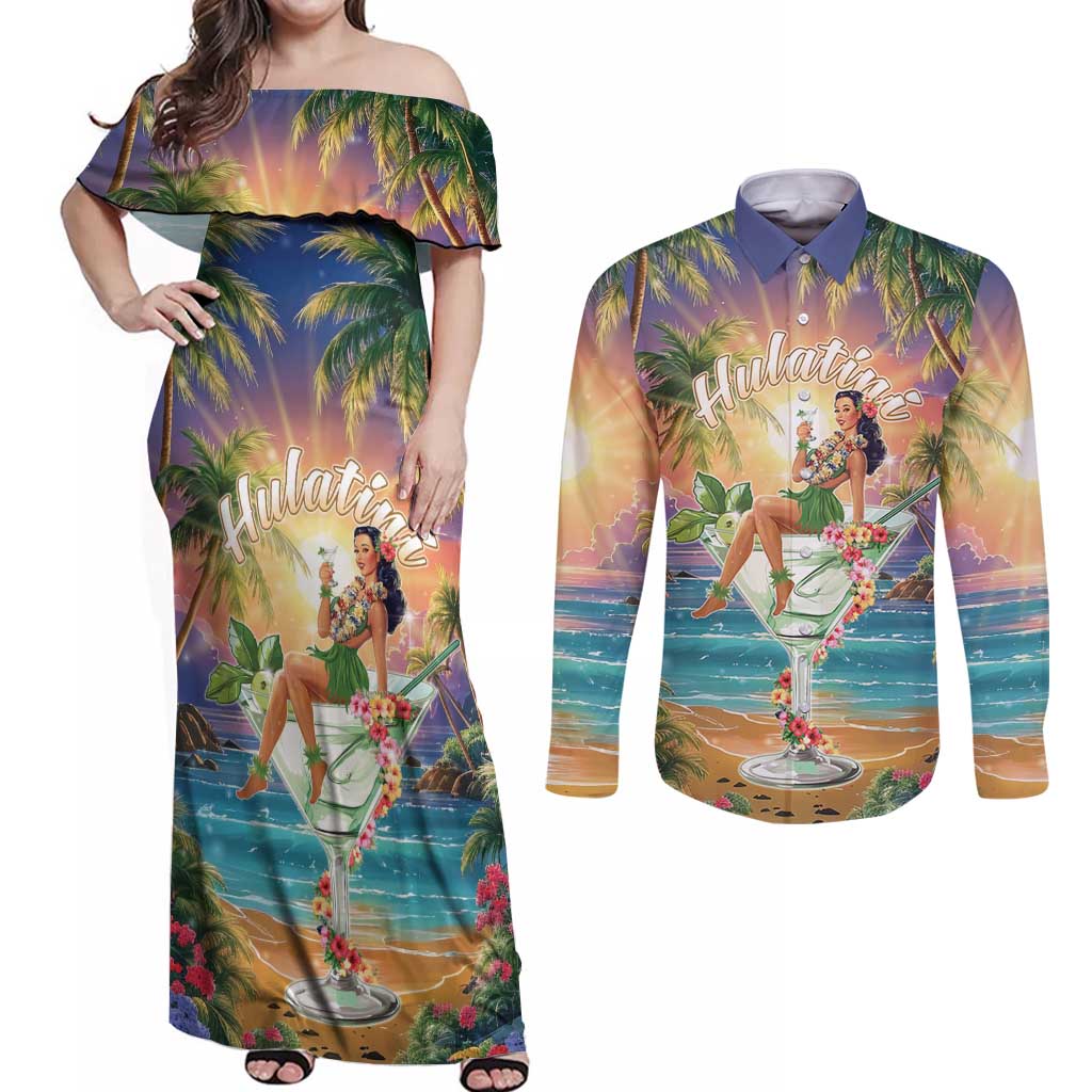 Aloha Hawaii Couples Matching Off Shoulder Maxi Dress and Long Sleeve Button Shirt Hula Martini Tropical Vibes - Polynesian Pride