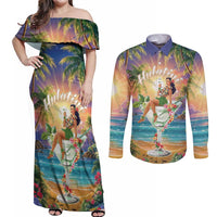 Aloha Hawaii Couples Matching Off Shoulder Maxi Dress and Long Sleeve Button Shirt Hula Martini Tropical Vibes - Polynesian Pride