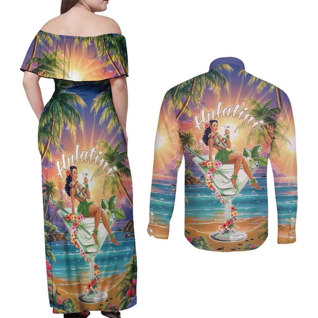 Aloha Hawaii Couples Matching Off Shoulder Maxi Dress and Long Sleeve Button Shirt Hula Martini Tropical Vibes - Polynesian Pride