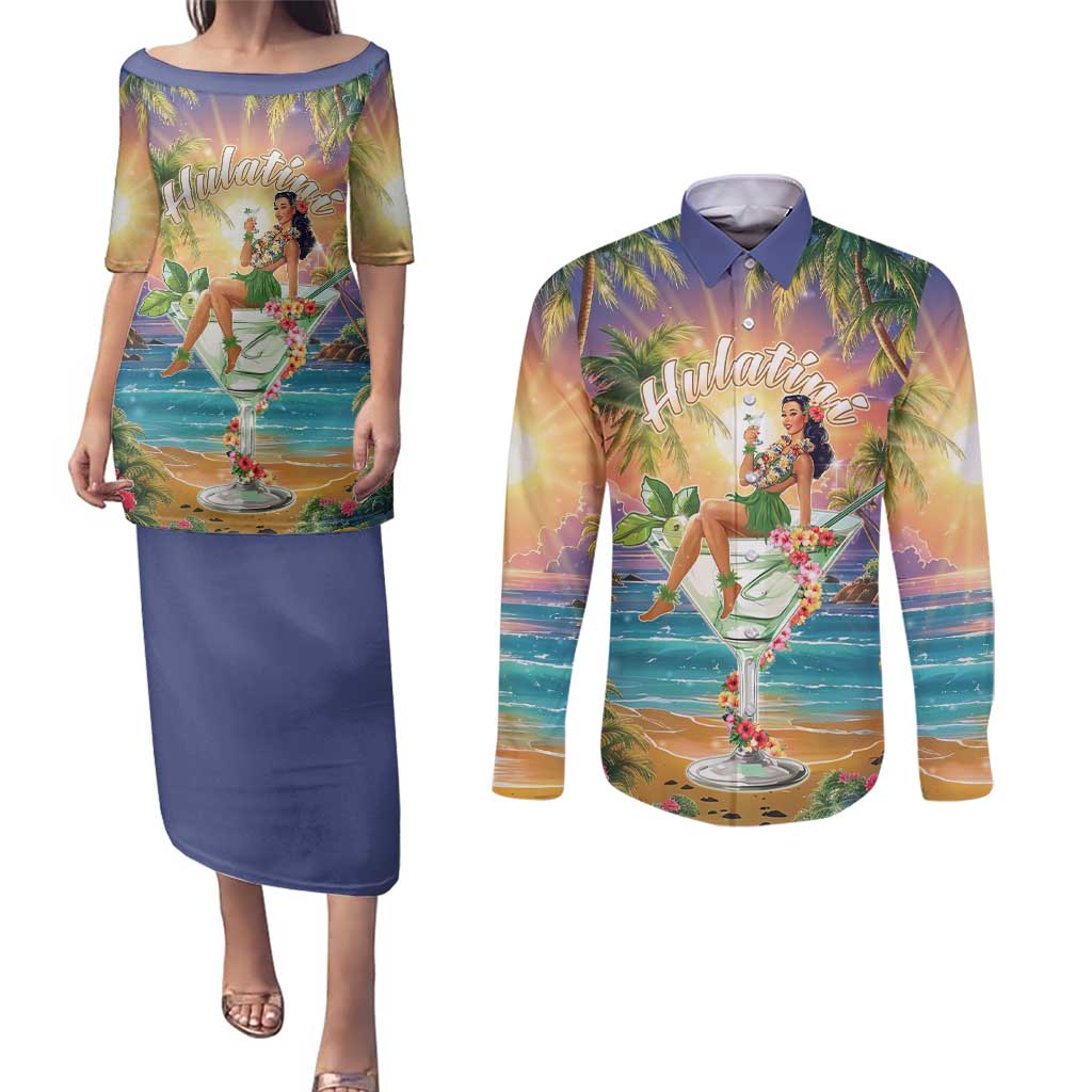Aloha Hawaii Couples Matching Puletasi and Long Sleeve Button Shirt Hula Martini Tropical Vibes - Polynesian Pride