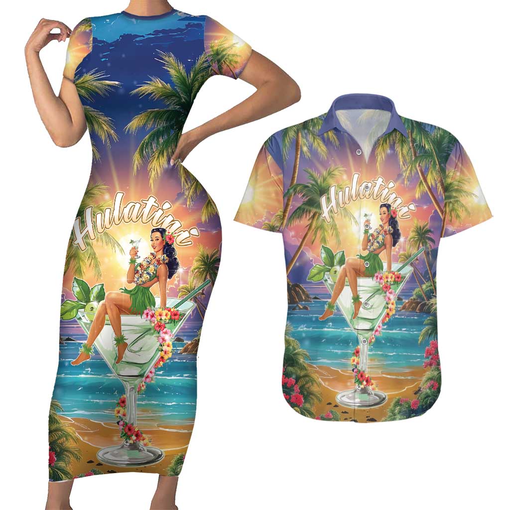 Aloha Hawaii Couples Matching Short Sleeve Bodycon Dress and Hawaiian Shirt Hula Martini Tropical Vibes - Polynesian Pride