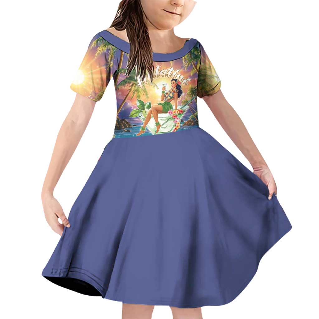 Aloha Hawaii Family Matching Off Shoulder Short Dress and Hawaiian Shirt Hula Martini Tropical Vibes LT05 Daughter's Dress Colorful - Polynesian Pride