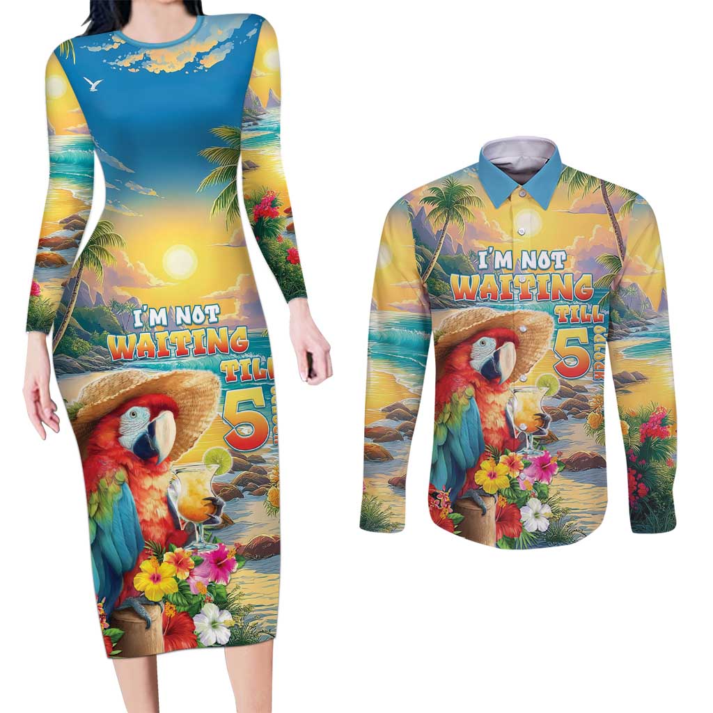 Hawaii Parrot Couples Matching Long Sleeve Bodycon Dress and Long Sleeve Button Shirt Im Not Waiting Till 5 Oclock LT05 Colorful - Polynesian Pride