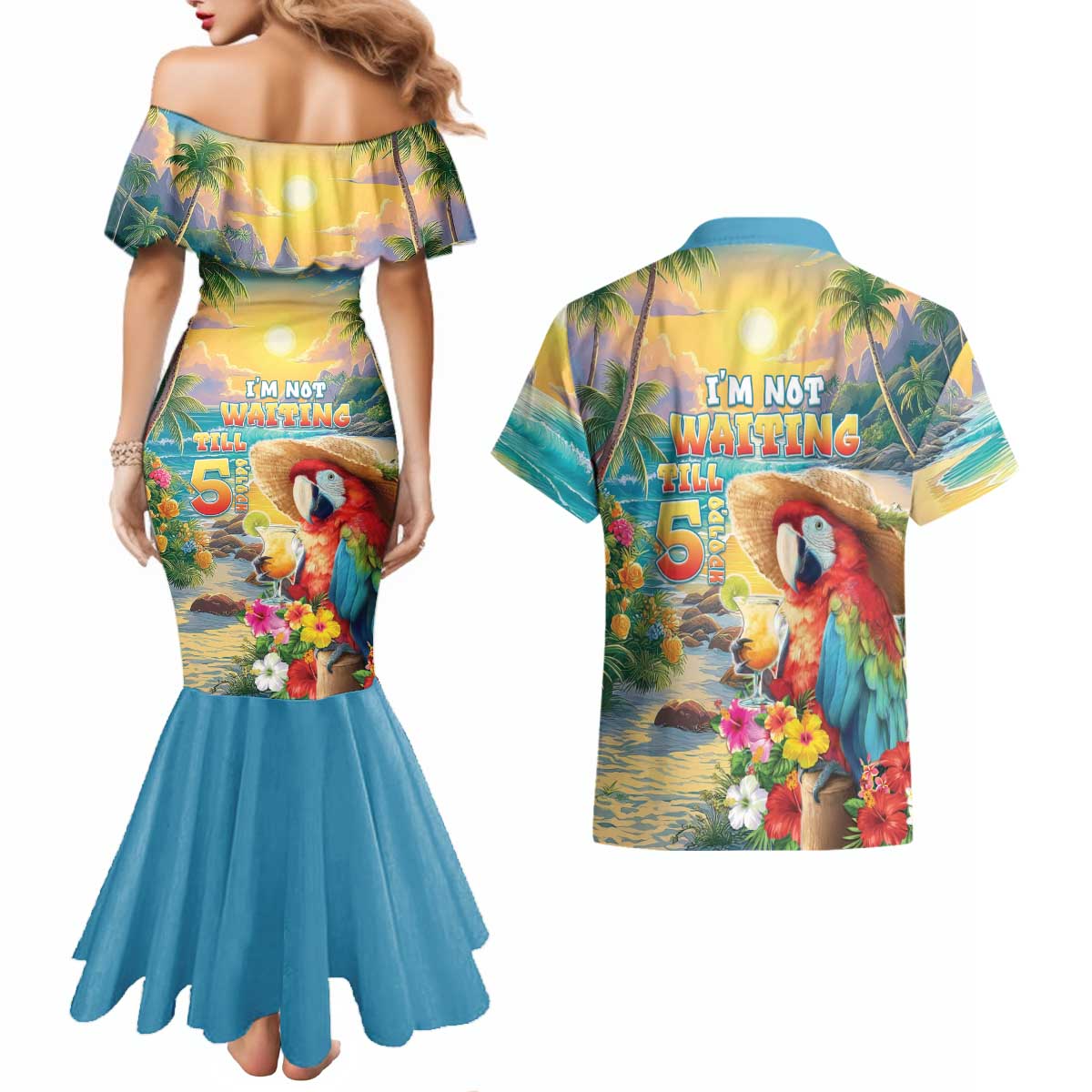 Hawaii Parrot Couples Matching Mermaid Dress and Hawaiian Shirt Im Not Waiting Till 5 Oclock LT05 - Polynesian Pride