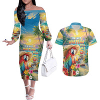 Hawaii Parrot Couples Matching Off The Shoulder Long Sleeve Dress and Hawaiian Shirt Im Not Waiting Till 5 Oclock LT05 Colorful - Polynesian Pride