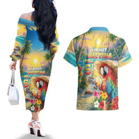 Hawaii Parrot Couples Matching Off The Shoulder Long Sleeve Dress and Hawaiian Shirt Im Not Waiting Till 5 Oclock LT05 - Polynesian Pride