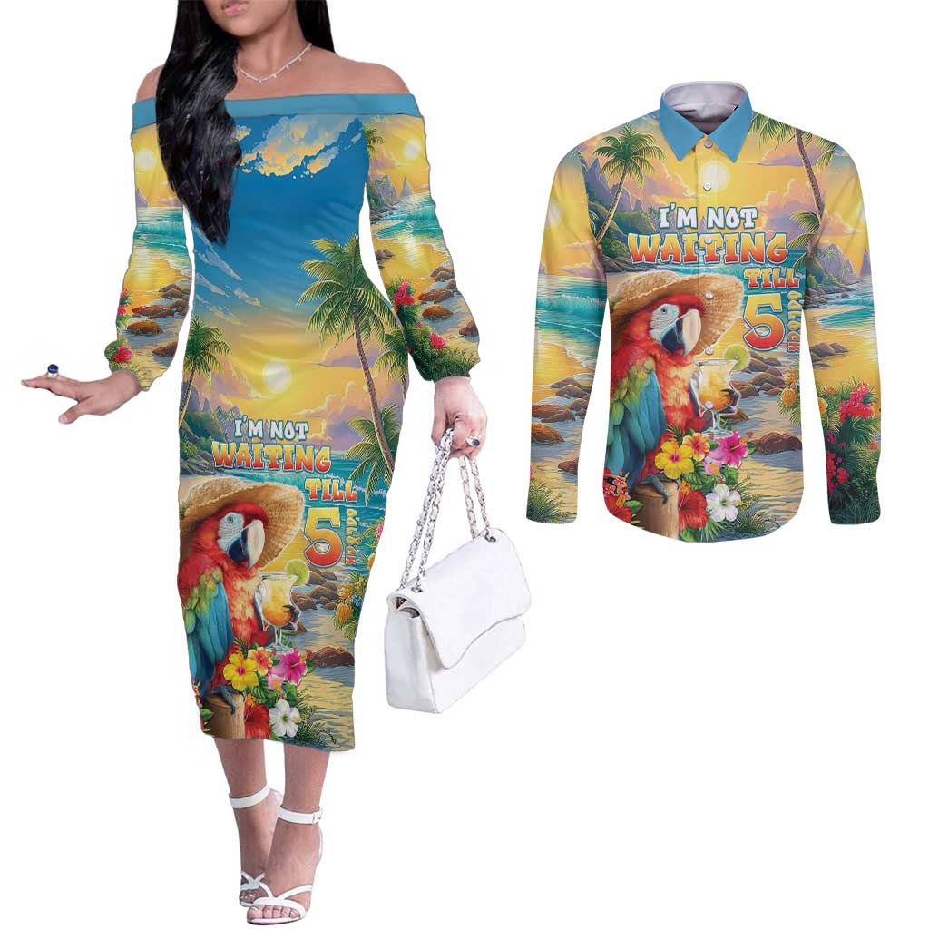 Hawaii Parrot Couples Matching Off The Shoulder Long Sleeve Dress and Long Sleeve Button Shirt Im Not Waiting Till 5 Oclock LT05 Colorful - Polynesian Pride