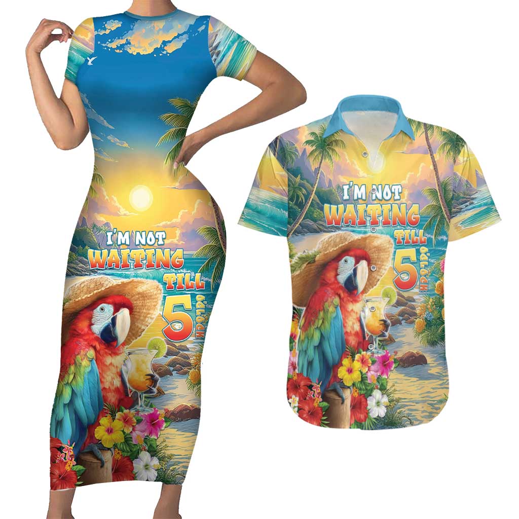 Hawaii Parrot Couples Matching Short Sleeve Bodycon Dress and Hawaiian Shirt Im Not Waiting Till 5 Oclock LT05 Colorful - Polynesian Pride