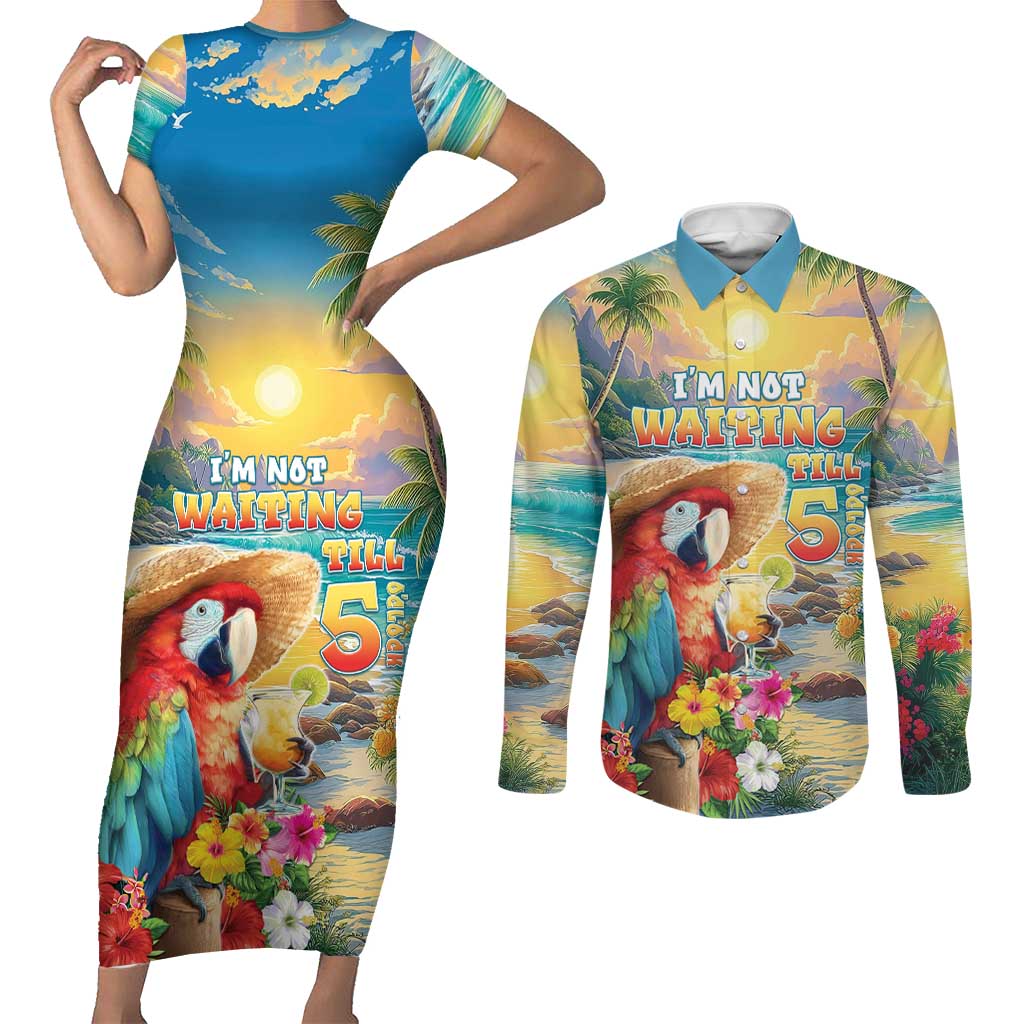 Hawaii Parrot Couples Matching Short Sleeve Bodycon Dress and Long Sleeve Button Shirt Im Not Waiting Till 5 Oclock