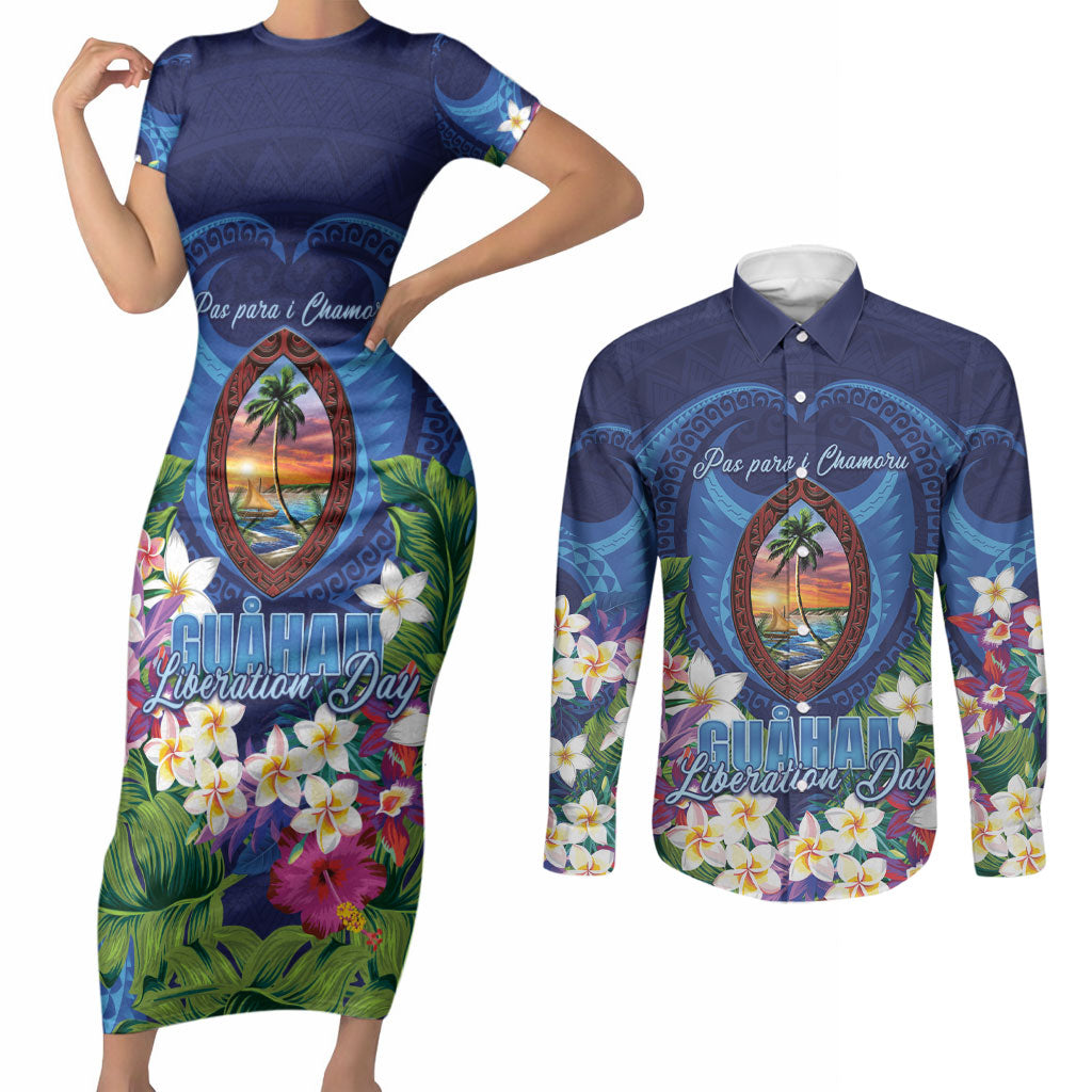 Guam Liberation Day Couples Matching Short Sleeve Bodycon Dress and Long Sleeve Button Shirt Pas Para I Chamoru